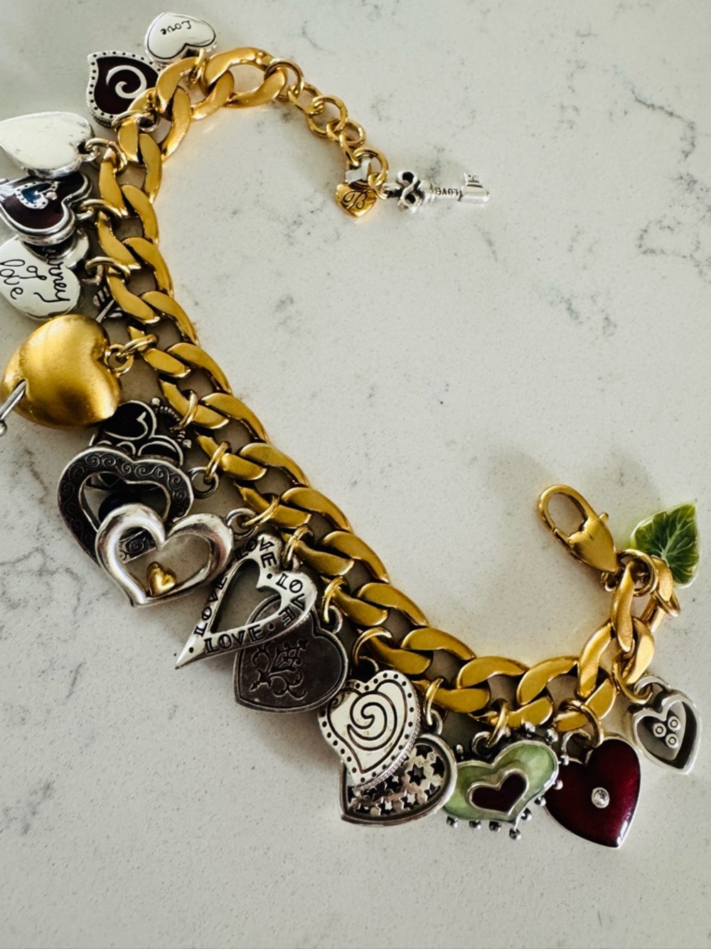Brighton Gold Heart Charm Bracelet with Multi-Color Enamel Hearts